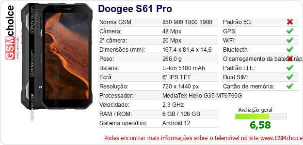 Doogee S61 Pro Especificações técnicas do telemóvel Doogee S61 Pro Especificações técnicas do telemóvel