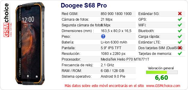 Doogee S68 Pro Datos técnicos del móvil Doogee S68 Pro Datos técnicos del móvil