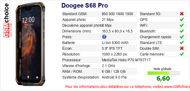 Doogee S68 Pro Fiche technique