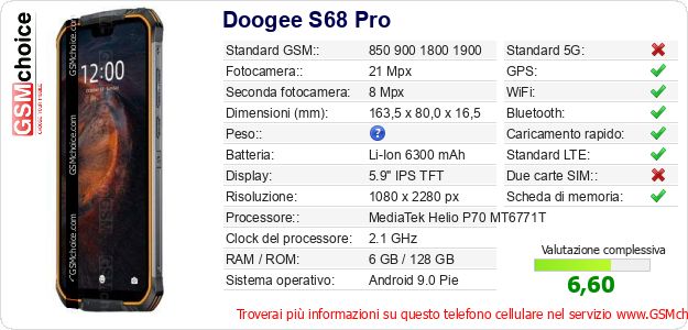 Doogee S68 Pro Dati tecnici di telefono cellulare Doogee S68 Pro Dati tecnici di telefono cellulare