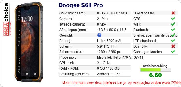 Doogee S68 Pro Technische gegevens Doogee S68 Pro Technische gegevens