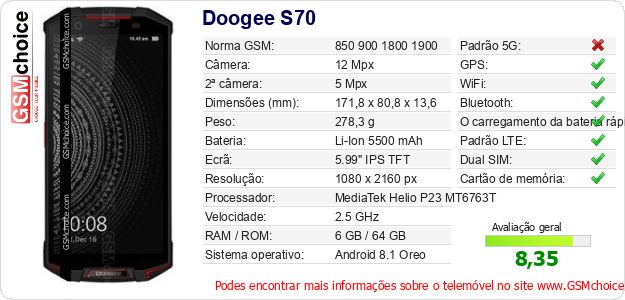 Doogee S70 Especificações técnicas do telemóvel 