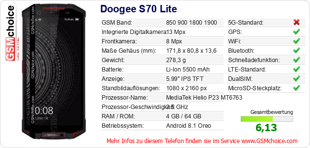 Doogee S70 Lite technische Daten Doogee S70 Lite technische Daten