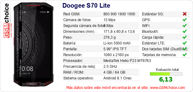 Doogee S70 Lite Datos técnicos del móvil Doogee S70 Lite Datos técnicos del móvil
