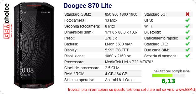 Doogee S70 Lite Dati tecnici di telefono cellulare Doogee S70 Lite Dati tecnici di telefono cellulare