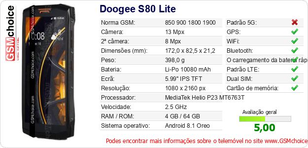 Doogee S80 Lite Especificações técnicas do telemóvel 