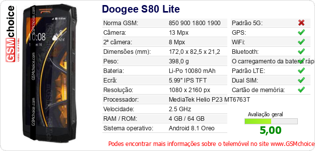 Doogee S80 Lite Especificações técnicas do telemóvel 