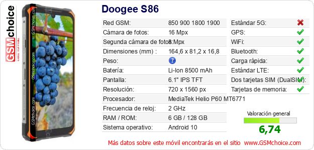 Doogee S86 Datos técnicos del móvil Doogee S86 Datos técnicos del móvil