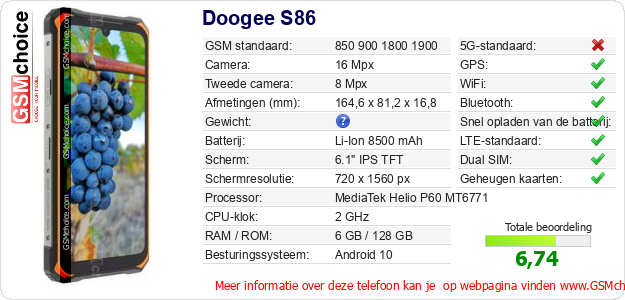 Doogee S86 Technische gegevens Doogee S86 Technische gegevens