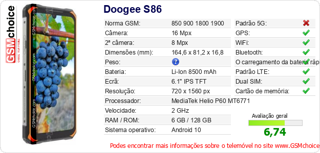 Doogee S86 Especificações técnicas do telemóvel 