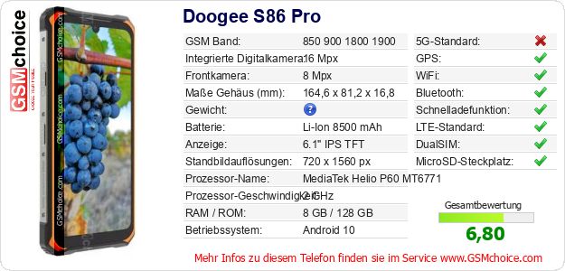 Doogee S86 Pro technische Daten Doogee S86 Pro technische Daten