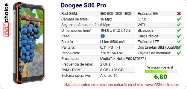 Doogee S86 Pro Datos técnicos del móvil Doogee S86 Pro Datos técnicos del móvil