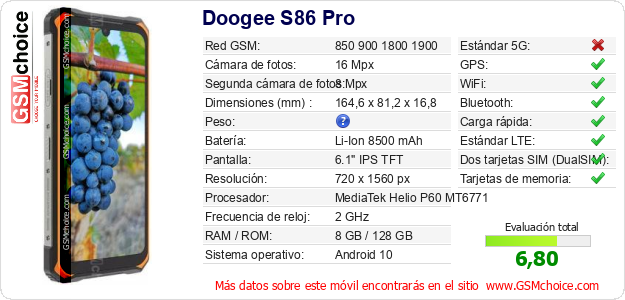 Doogee S86 Pro Datos técnicos del móvil Doogee S86 Pro Datos técnicos del móvil