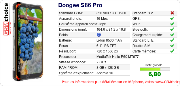Doogee S86 Pro Fiche technique Doogee S86 Pro Fiche technique