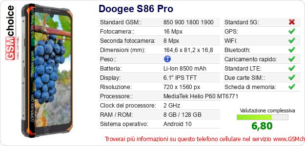 Doogee S86 Pro Dati tecnici di telefono cellulare Doogee S86 Pro Dati tecnici di telefono cellulare