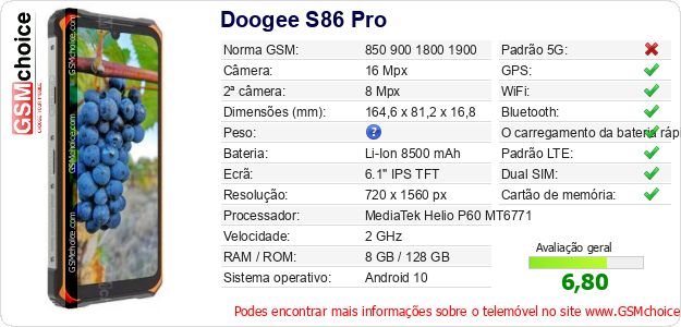 Doogee S86 Pro Especificações técnicas do telemóvel Doogee S86 Pro Especificações técnicas do telemóvel