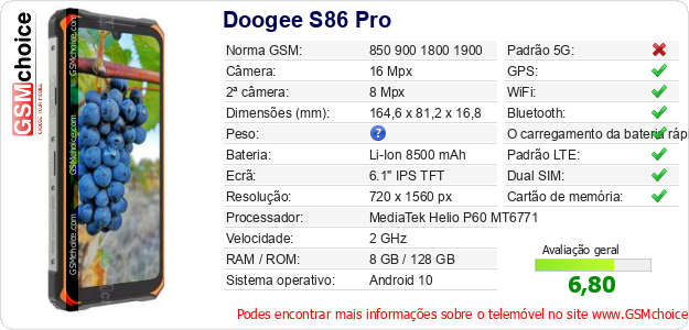 Doogee S86 Pro Especificações técnicas do telemóvel Doogee S86 Pro Especificações técnicas do telemóvel