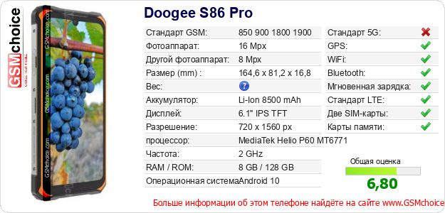 Doogee S86 Pro Технические данные телефона Doogee S86 Pro Технические данные телефона