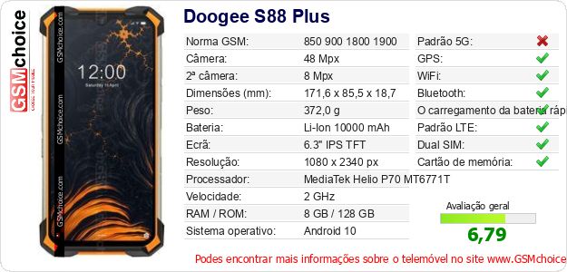 Doogee S88 Plus Especificações técnicas do telemóvel 