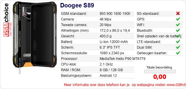 Doogee S89 Technische gegevens Doogee S89 Technische gegevens