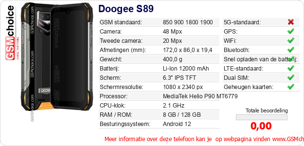 Doogee S89 Technische gegevens Doogee S89 Technische gegevens