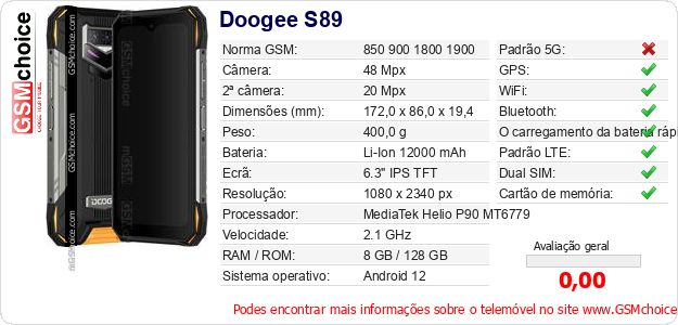 Doogee S89 Especificações técnicas do telemóvel Doogee S89 Especificações técnicas do telemóvel