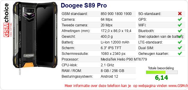 Doogee S89 Pro Technische gegevens Doogee S89 Pro Technische gegevens