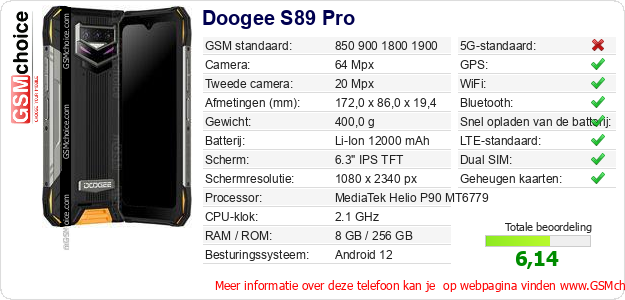 Doogee S89 Pro Technische gegevens Doogee S89 Pro Technische gegevens