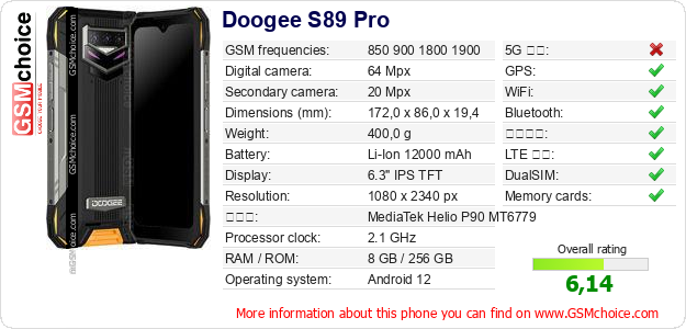 Doogee S89 Pro 手機技術數據