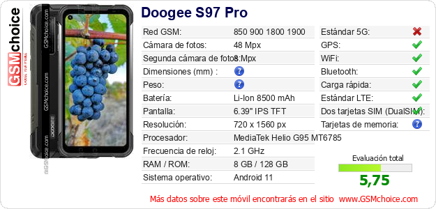 Doogee S97 Pro Datos técnicos del móvil 