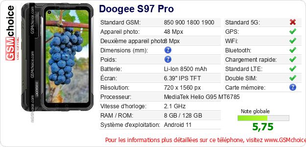 Doogee S97 Pro Fiche technique