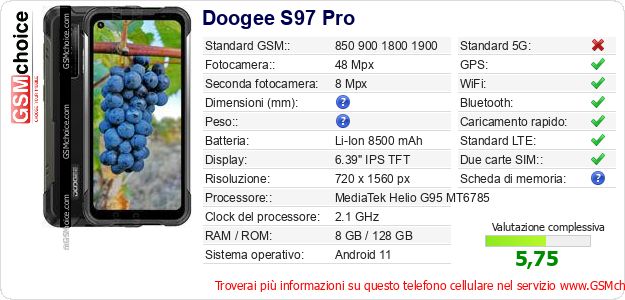 Doogee S97 Pro Dati tecnici di telefono cellulare Doogee S97 Pro Dati tecnici di telefono cellulare