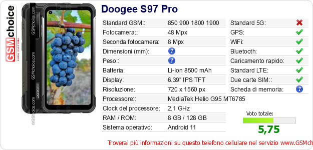Doogee S97 Pro Dati tecnici di telefono cellulare Doogee S97 Pro Dati tecnici di telefono cellulare