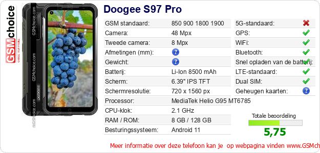 Doogee S97 Pro Technische gegevens Doogee S97 Pro Technische gegevens