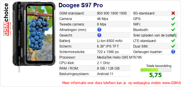 Doogee S97 Pro Technische gegevens 