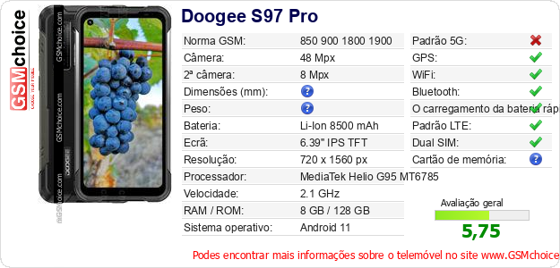 Doogee S97 Pro Especificações técnicas do telemóvel Doogee S97 Pro Especificações técnicas do telemóvel