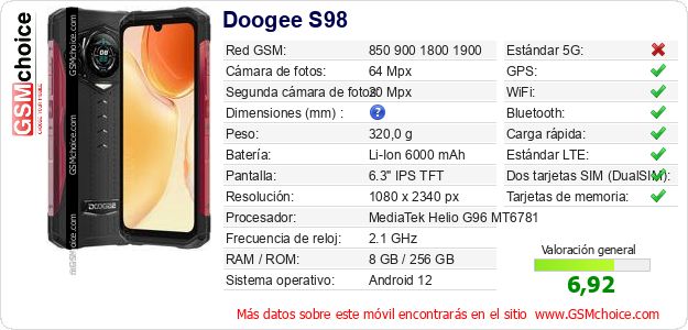 Doogee S98 Datos técnicos del móvil 