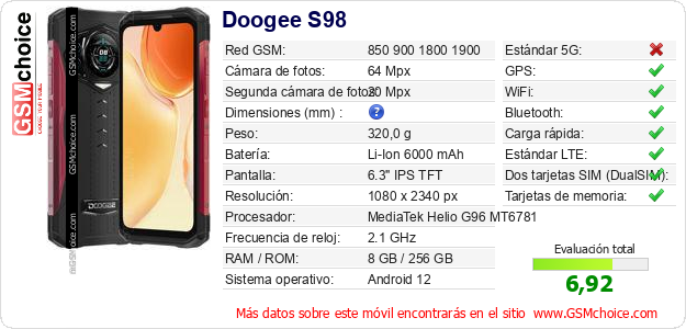 Doogee S98 Datos técnicos del móvil 