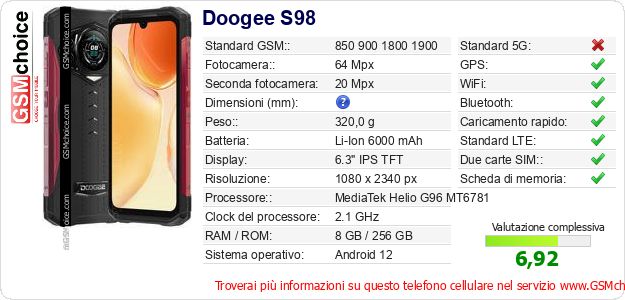 Doogee S98 Dati tecnici di telefono cellulare 