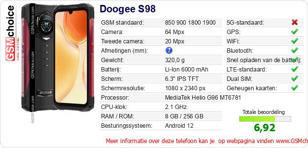 Doogee S98 Technische gegevens 