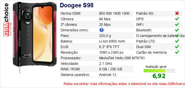 Doogee S98 Especificações técnicas do telemóvel 