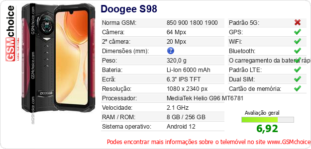 Doogee S98 Especificações técnicas do telemóvel 