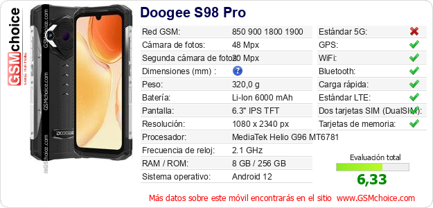 Doogee S98 Pro Datos técnicos del móvil Doogee S98 Pro Datos técnicos del móvil