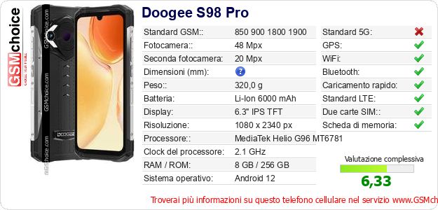 Doogee S98 Pro Dati tecnici di telefono cellulare Doogee S98 Pro Dati tecnici di telefono cellulare