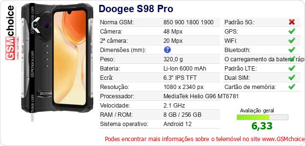 Doogee S98 Pro Especificações técnicas do telemóvel 