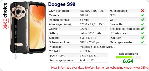 Doogee S99 Technische gegevens Doogee S99 Technische gegevens