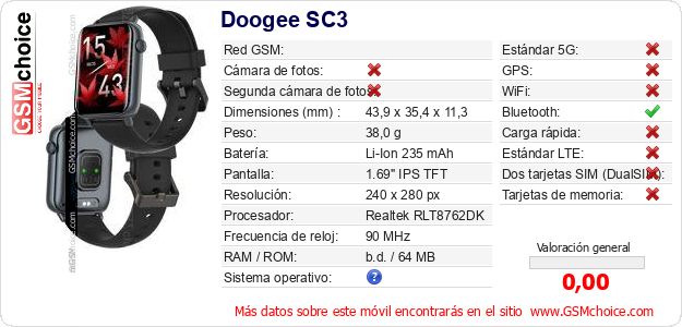 Doogee SC3 Datos técnicos del móvil Doogee SC3 Datos técnicos del móvil