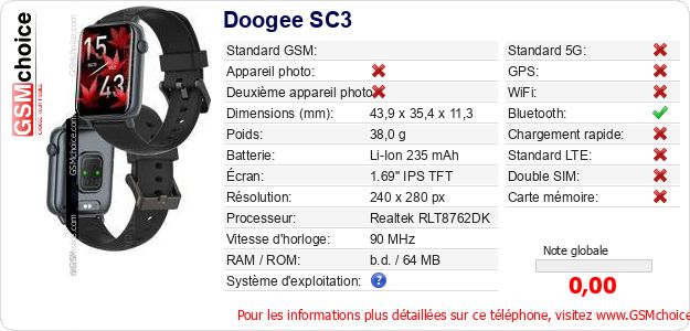 Doogee SC3 Fiche technique Doogee SC3 Fiche technique