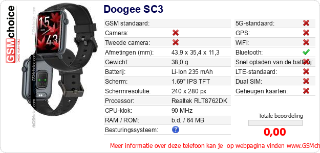 Doogee SC3 Technische gegevens Doogee SC3 Technische gegevens