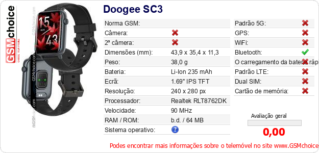 Doogee SC3 Especificações técnicas do telemóvel Doogee SC3 Especificações técnicas do telemóvel